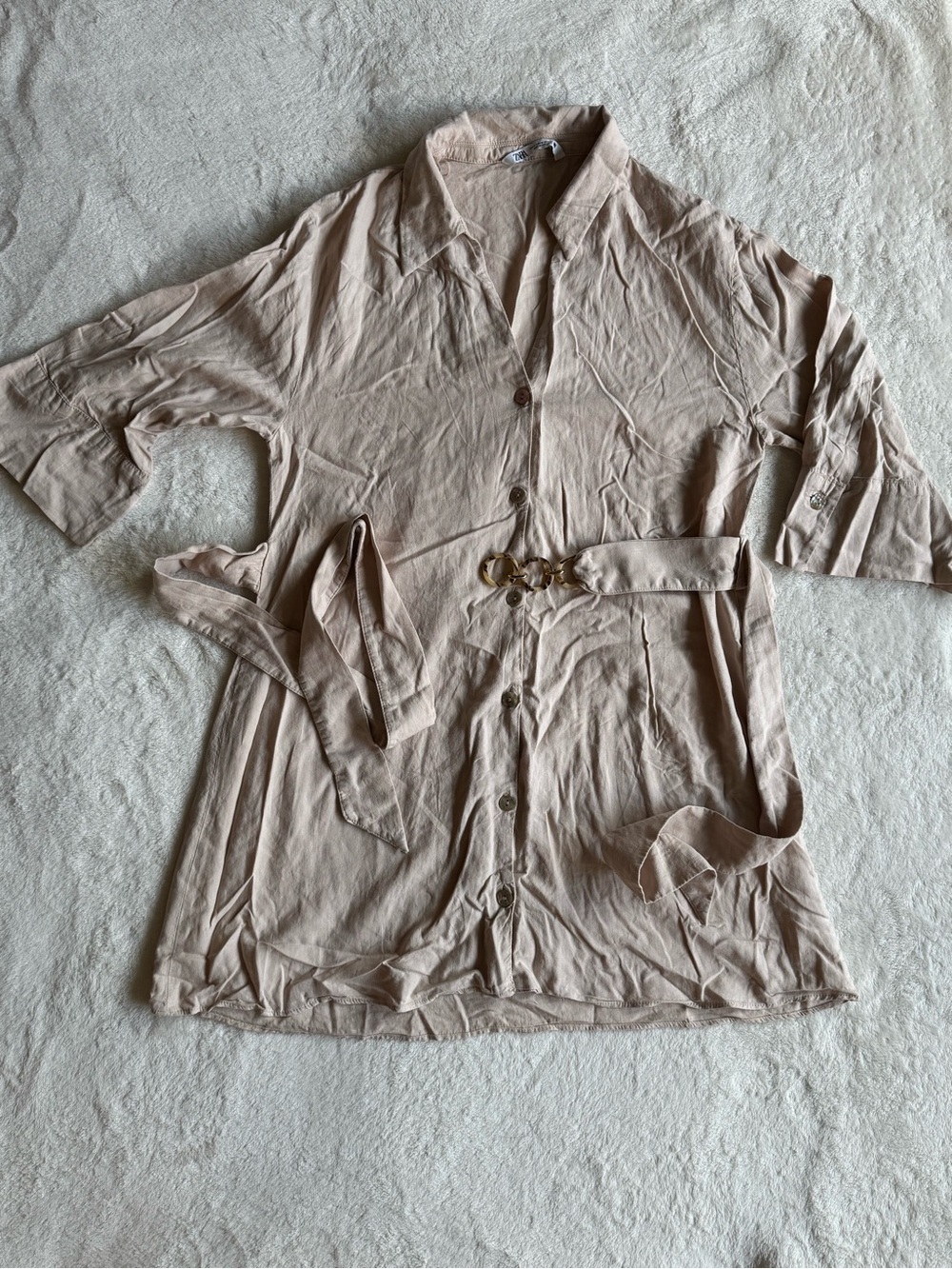 Zara Linen Blend Chain Link Belt Shirt Dress — Beige — Medium